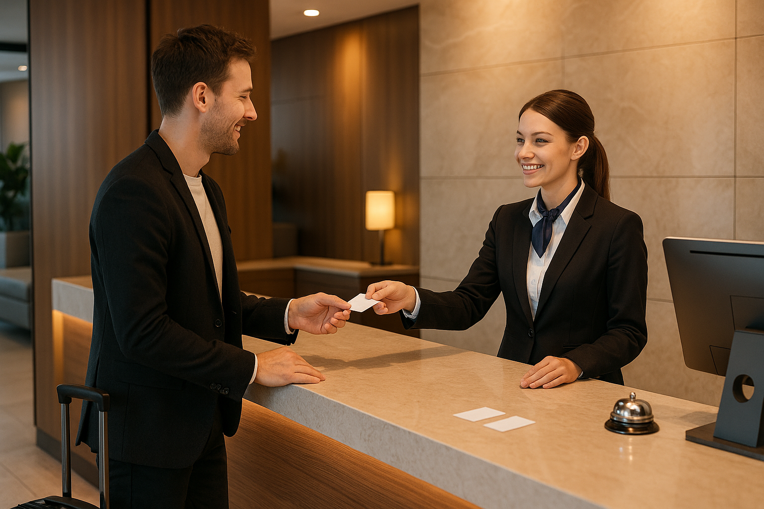 Mostrador de recepción de hotel con huésped y recepcionista