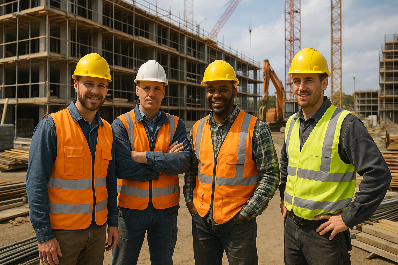 Obreros con casco en obra en construcción